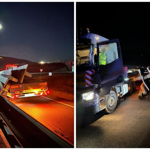 Accident de centura Vâlcele-Apahida, din Cluj! Traficul a fost blocat după ce trei grinzi de beton au căzut dintr-un camion -FOTO