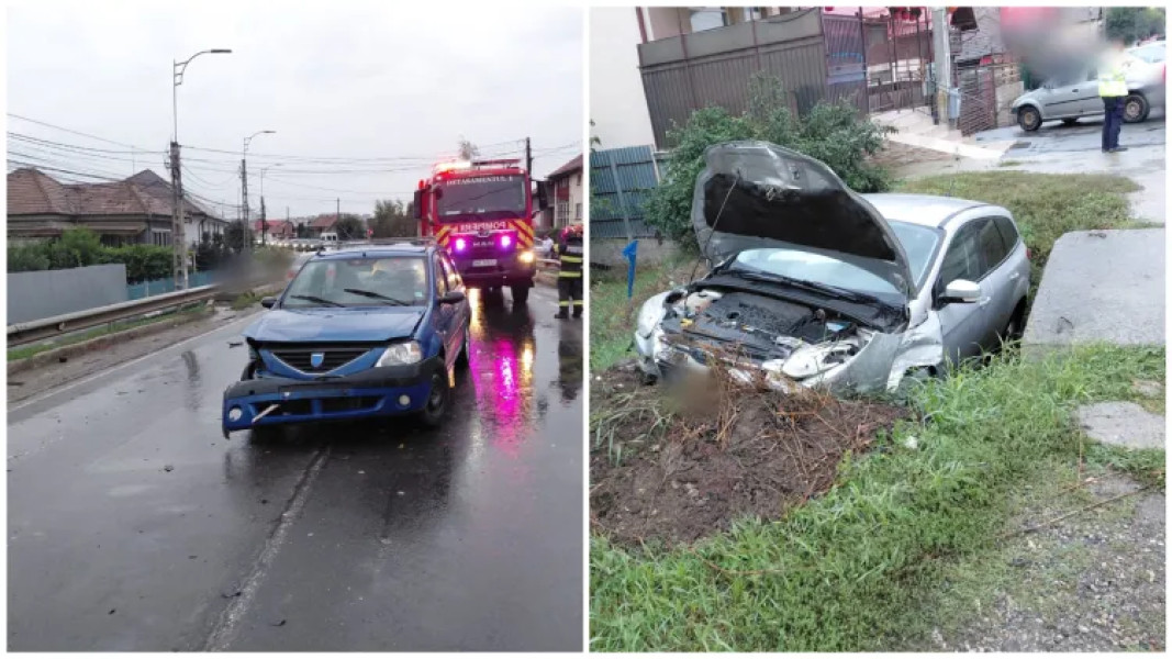 Două mașini au fost implicate într-un accident, în Cluj: Una dintre mașini a ieșit din decor, iar o femeie a fost rănită și dusă la spital FOTO