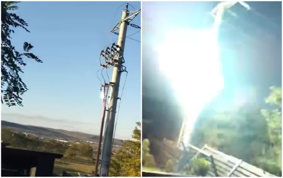 Stâlp de electricitate în flăcări la Jucu, localnicii au rămas fără curent și apă