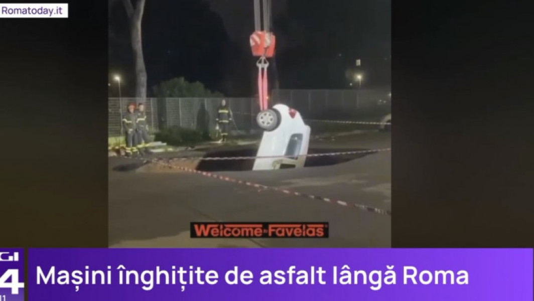Groapă Imensă în Asfalt Lângă Roma: Două Mașini Înghițite