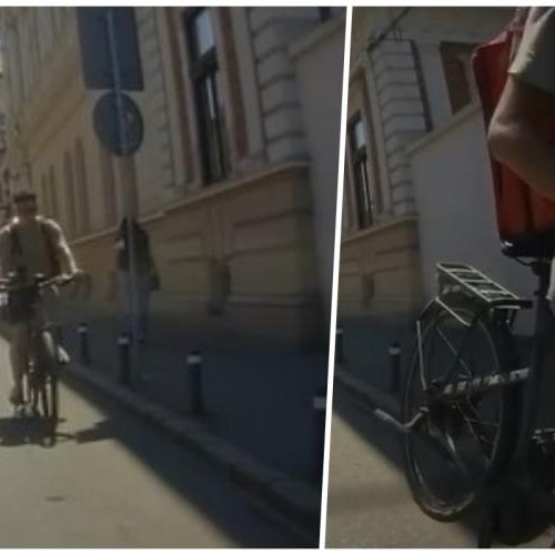 FOTO: Un livrator de bicicletă s-a ciocnit de o mașină în centrul Clujului din cauza unei comenzi de mâncare distractive