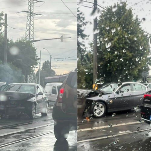 Accident pe strada Oașului din Cluj! Pe fondul carosabilului umed, șoferul a pierdut controlul volanului pe liniile de tramvai-FOTO